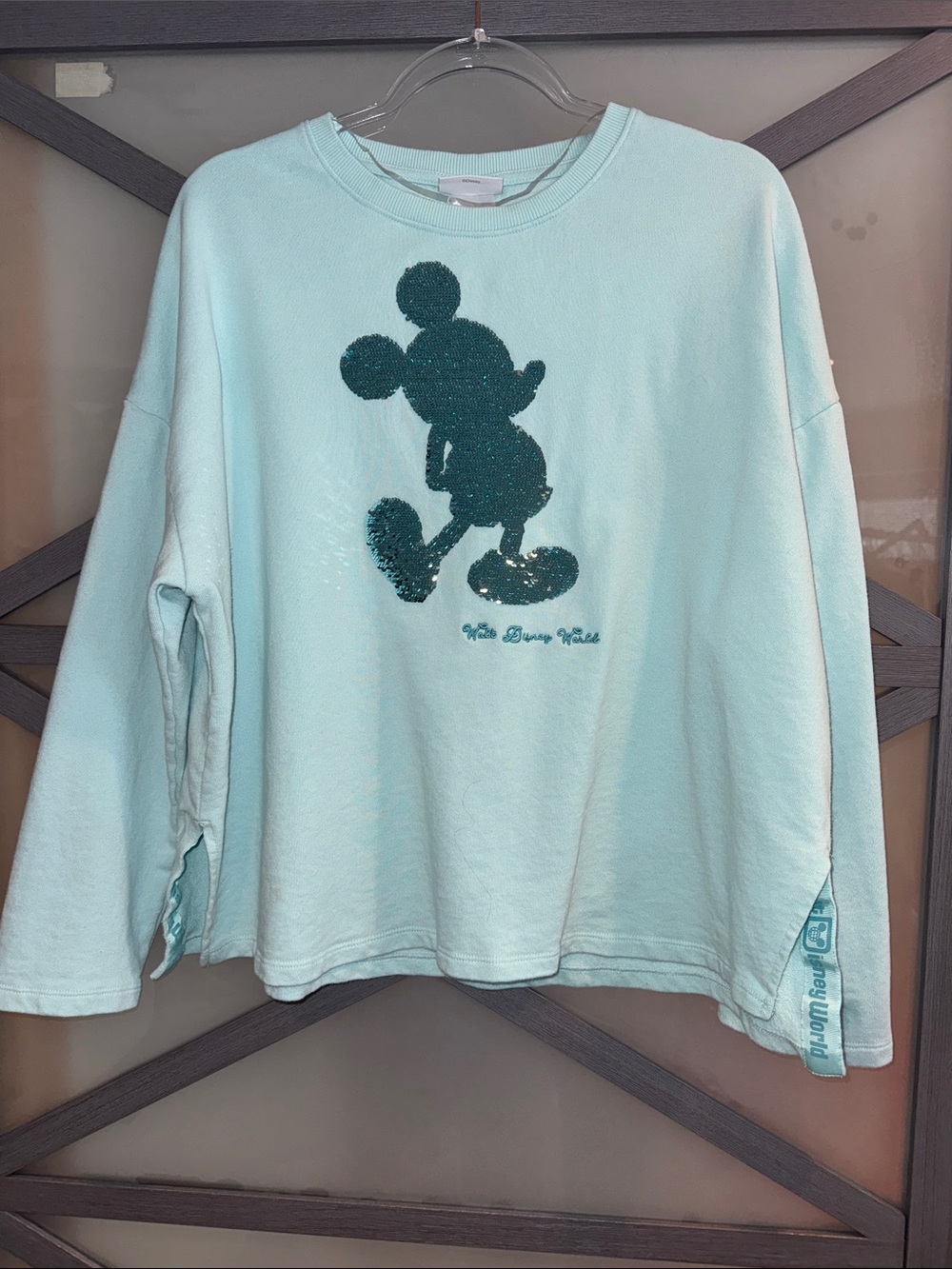Disney Mint Aqua Crewneck Sweatshirt with Dark Teal Sequined Character